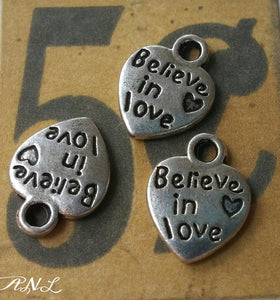 Silver Charms Heart Charms Word Charms Quote Charms Love Charms Believe in Love Silver Heart Charms Message Charms Tag Charms 10 pieces