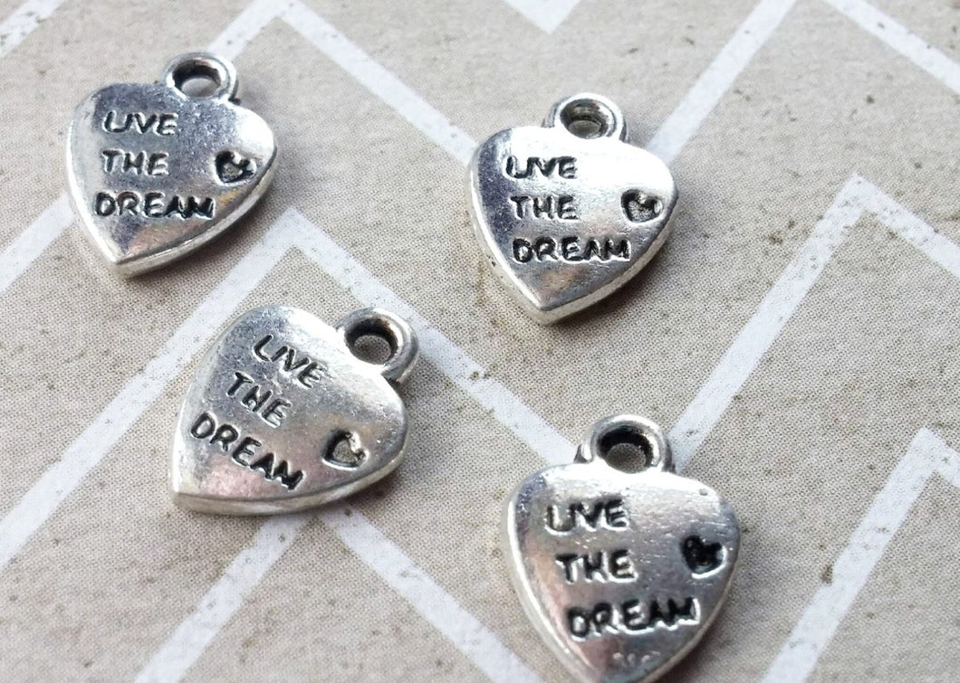 Silver Charms Heart Charms Antiqued Silver Word Charms Quote Charms Live the Dream 20 pieces