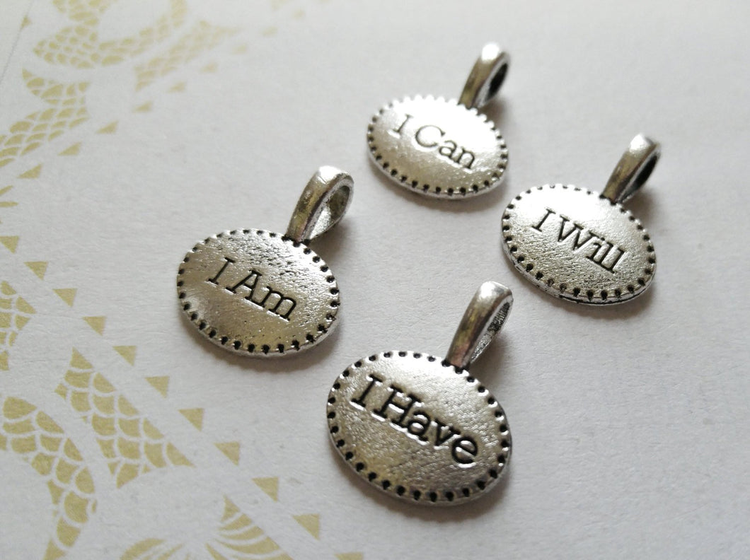 Quote Charms Word Charms Antiqued Silver Charms Inspirational Charms Assorted Charms Set I Am I Will I Can I Have Tag Charms 4pcs
