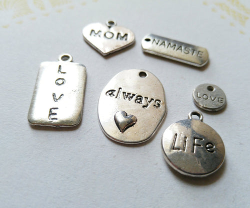 Word Charms Word Pendants Assorted Charms Inspirational Charms Antiqued Silver Charms 6 pieces Namaste Love Always Life Mom Charm