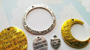 Quote Pendants Word Pendants Assorted Charms Inspirational Charms Word Charms Quote Charms 7 pieces Antiqued Silver Antiqued Gold