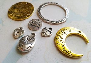 Quote Pendants Word Pendants Assorted Charms Inspirational Charms Word Charms Quote Charms 7 pieces Antiqued Silver Antiqued Gold