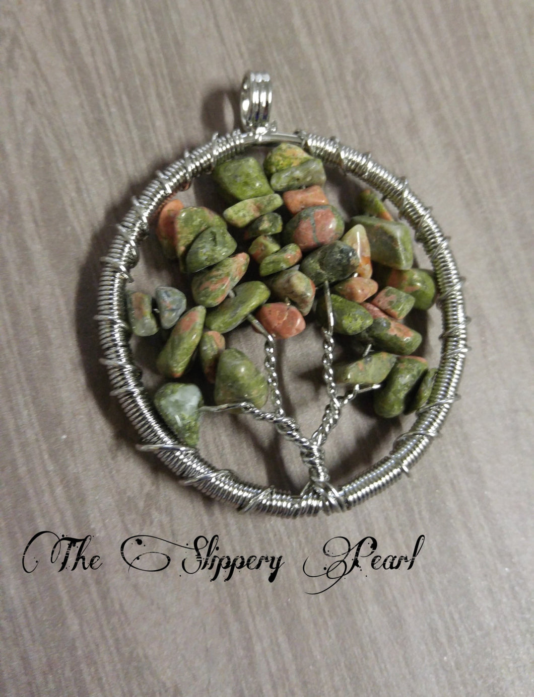 Wire Wrapped Tree of Life Pendant With Unakite Gemstones Silver 48mm Green Gemstones