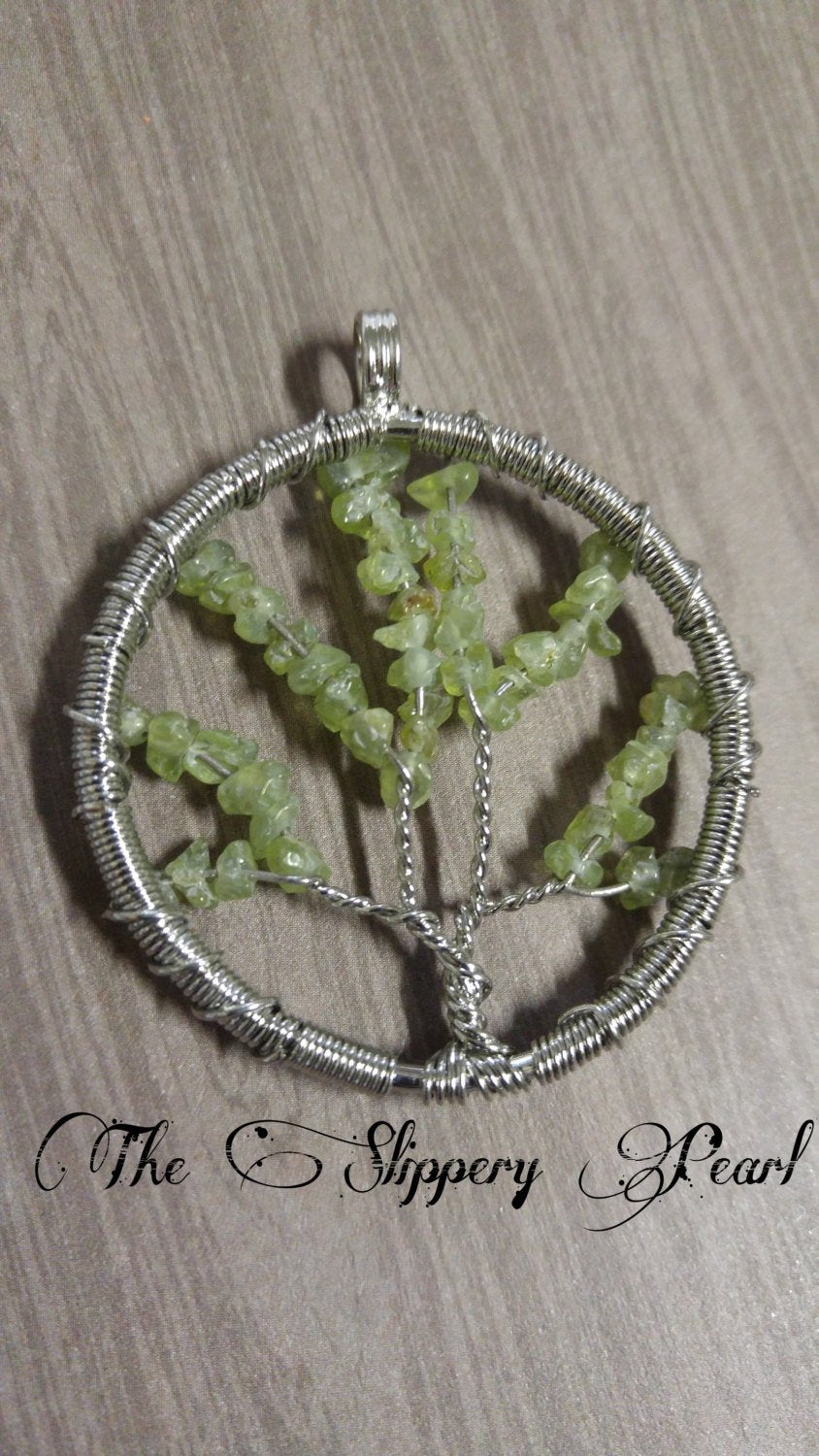 Wire Wrapped Tree of Life Pendant With Peridot Gemstones Silver Tree Pendant Wire Wrapped Charm 48mm Green Gemstones