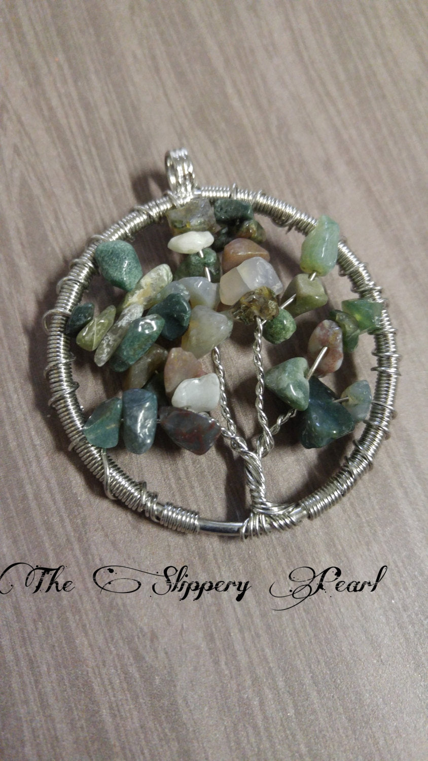 Wire Wrapped Tree of Life Pendant With Indian Agate Gemstones Silver 48mm Green Gemstones