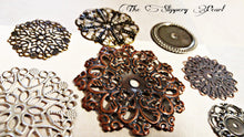 Load image into Gallery viewer, Assorted Charms Assorted Pendants Cabochon Settings Vintage Style Filigree Pendants Assorted Metals Silver Bronze Copper 10 pieces PREORDER