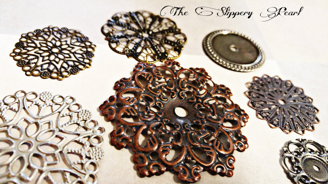 Assorted Charms Assorted Pendants Cabochon Settings Vintage Style Filigree Pendants Assorted Metals Silver Bronze Copper 10 pieces PREORDER