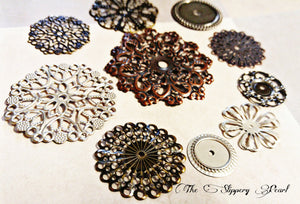 Assorted Charms Assorted Pendants Cabochon Settings Vintage Style Filigree Pendants Assorted Metals Silver Bronze Copper 10 pieces PREORDER