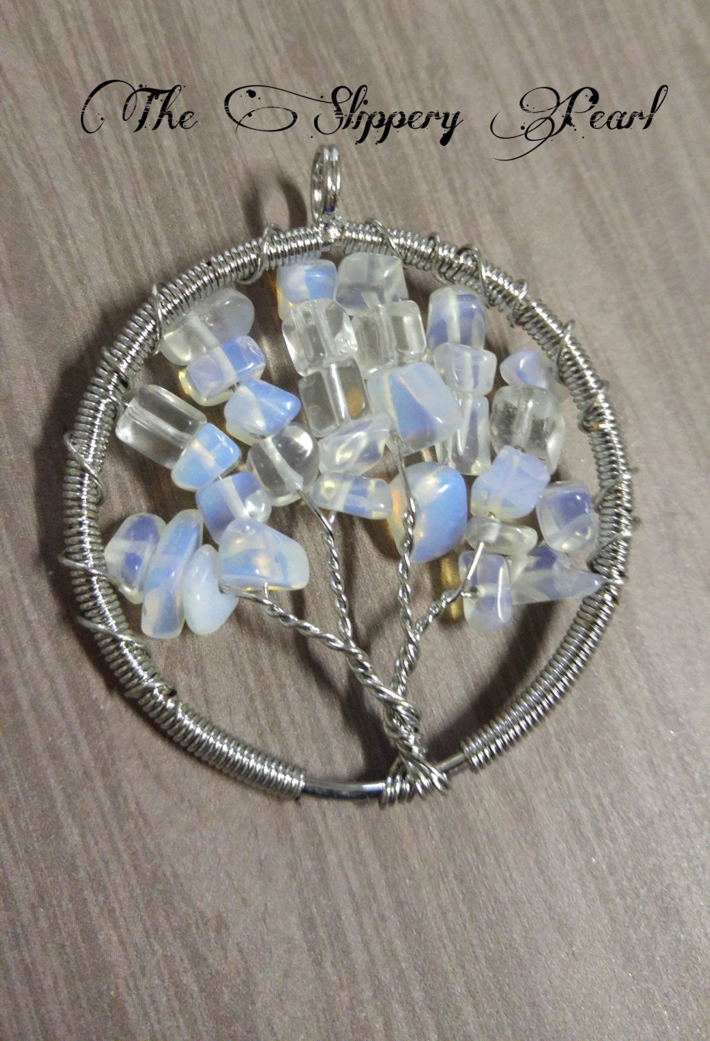 Wire Wrapped Tree of Life Pendant With Quartz Gemstones Silver 48mm